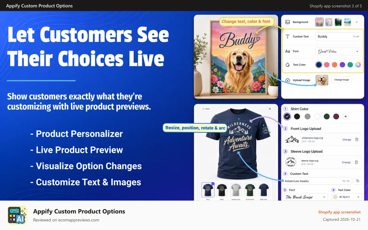 Appify Custom Product Options Shopify app screenshot: Show product customizations live with product personalizer