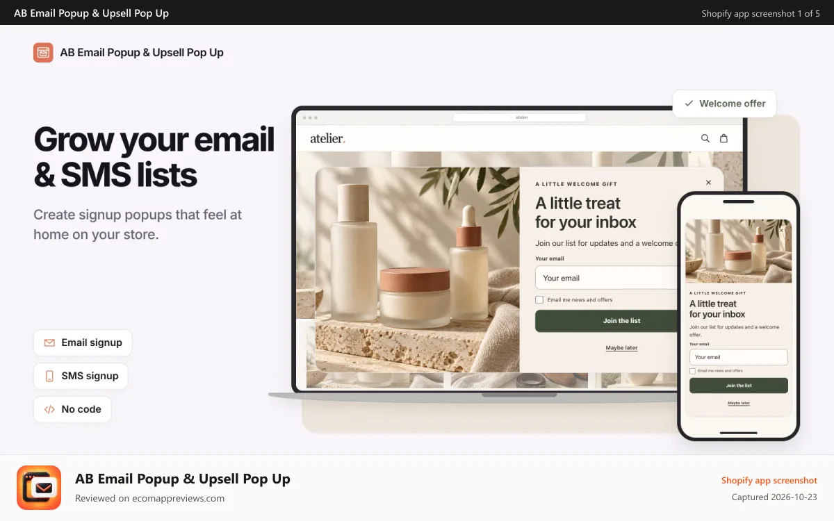AB Email Popup & Upsell Pop Up Shopify app screenshot: AB email and SMS popups in distinct branded storefront designs.
