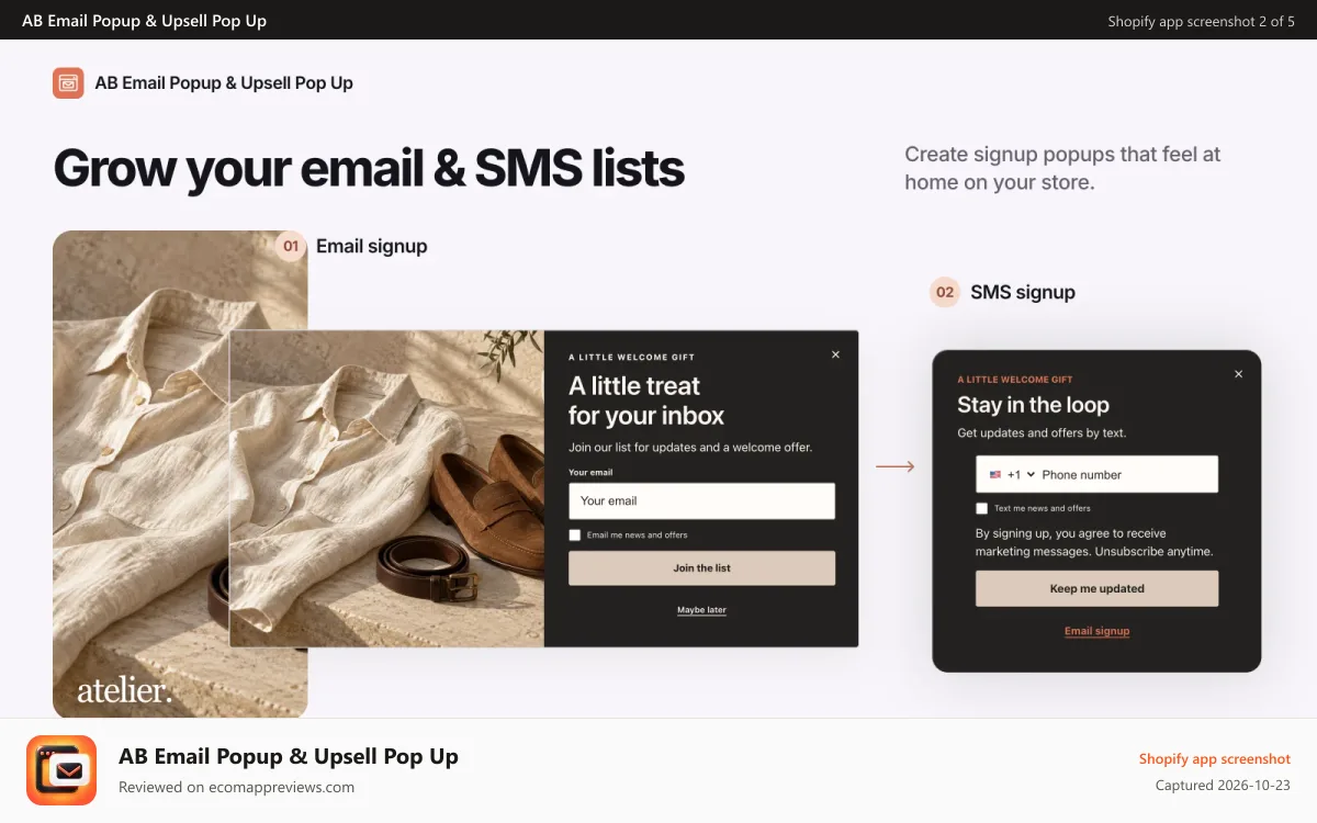 AB Email Popup & Upsell Pop Up Shopify app screenshot: AB email and SMS signup popups with branded welcome offers.