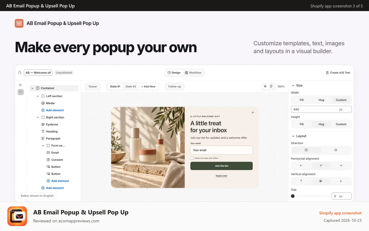 AB Email Popup & Upsell Pop Up Shopify app screenshot: AB visual popup editor with design tools and a live preview.