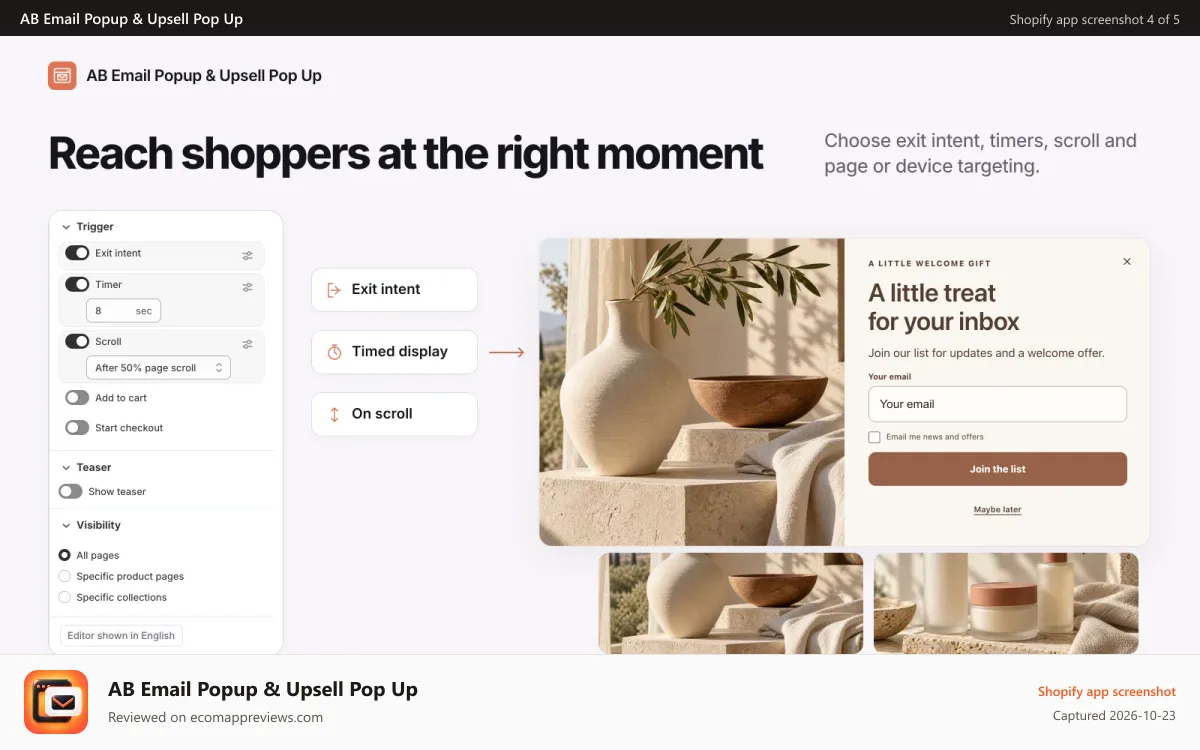 AB Email Popup & Upsell Pop Up Shopify app screenshot: AB popup rules for exit intent, timing and scroll targeting.