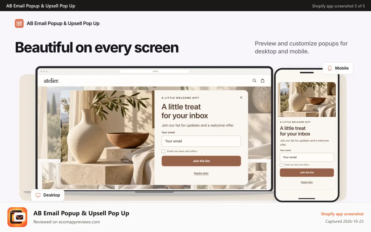 AB Email Popup & Upsell Pop Up Shopify app screenshot: AB signup popups with previews for both desktop and mobile.