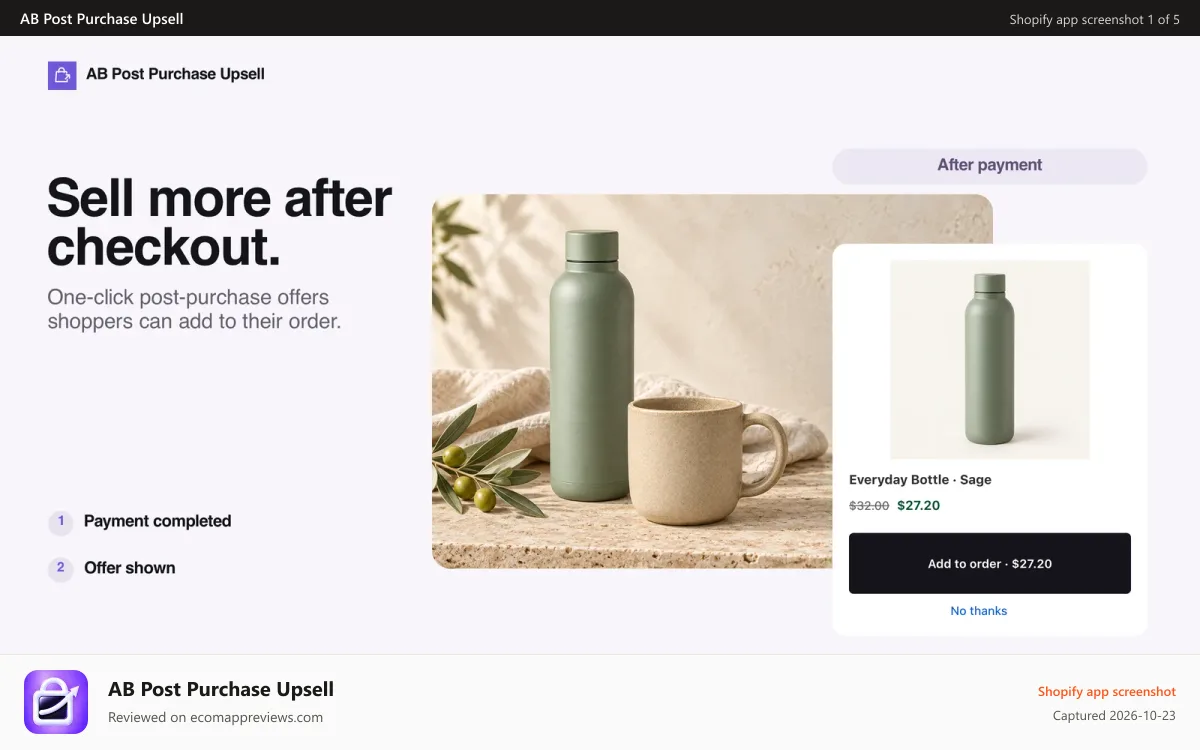AB Post Purchase Upsell Shopify app screenshot: Post-purchase product offer shown after payment