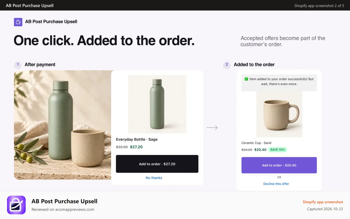 AB Post Purchase Upsell Shopify app screenshot: One-click offer and the confirmation after acceptance