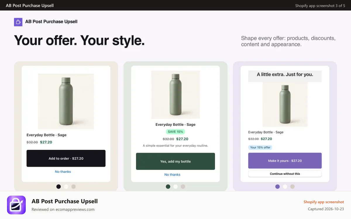 AB Post Purchase Upsell Shopify app screenshot: Three appearances of the same product offer