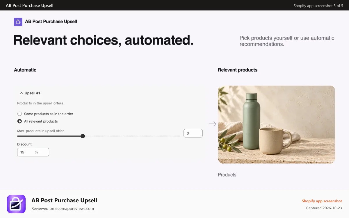 AB Post Purchase Upsell Shopify app screenshot: Automatic selection controls and sample recommended products