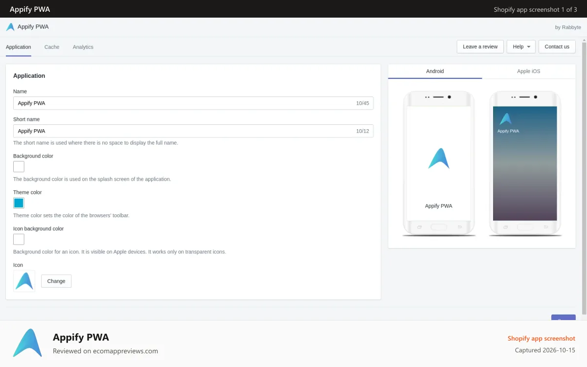 Appify PWA Shopify app screenshot: Application settings