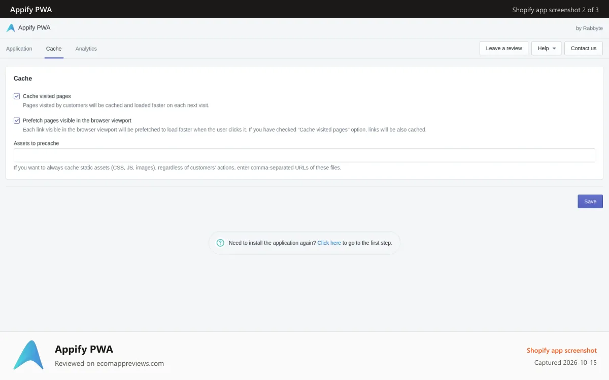 Appify PWA Shopify app screenshot: Cache settings
