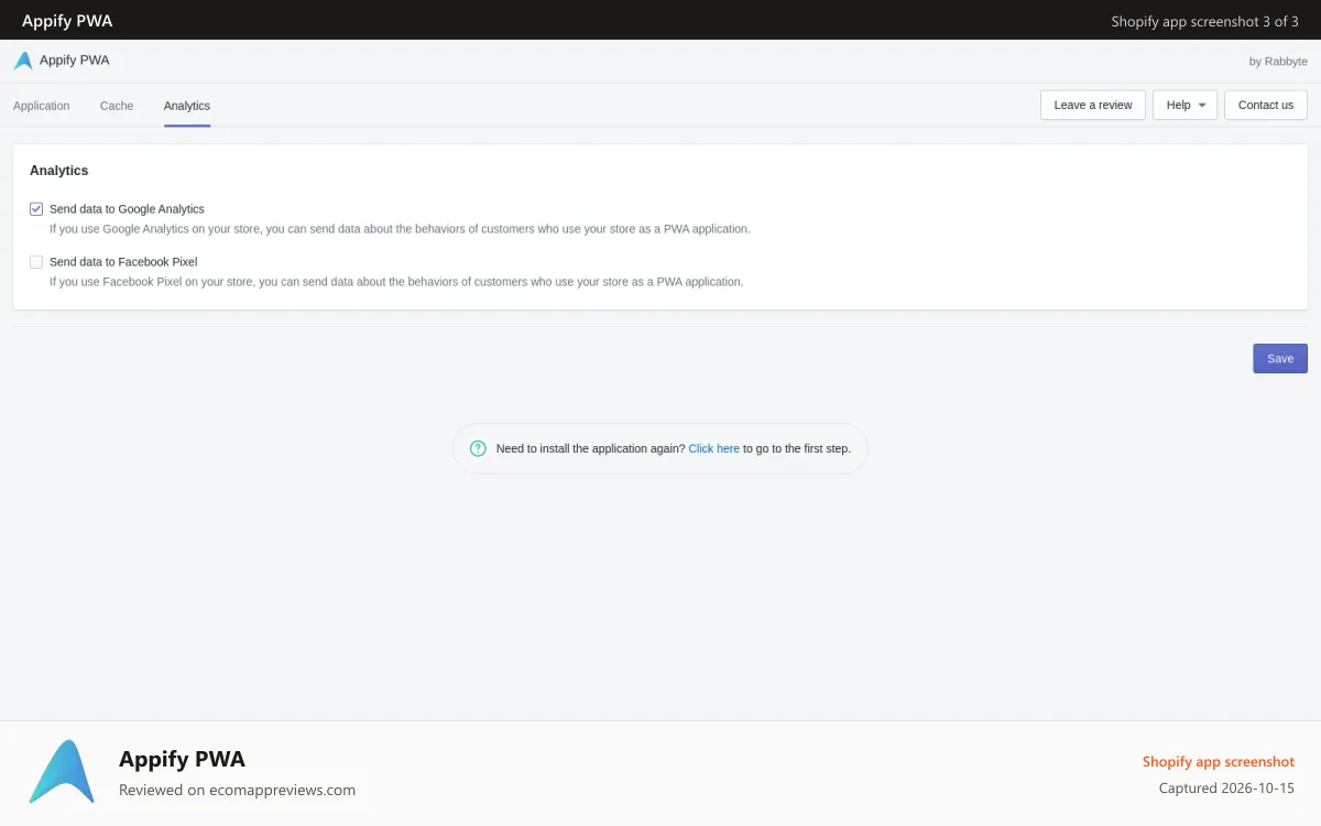 Appify PWA Shopify app screenshot: Analytics settings