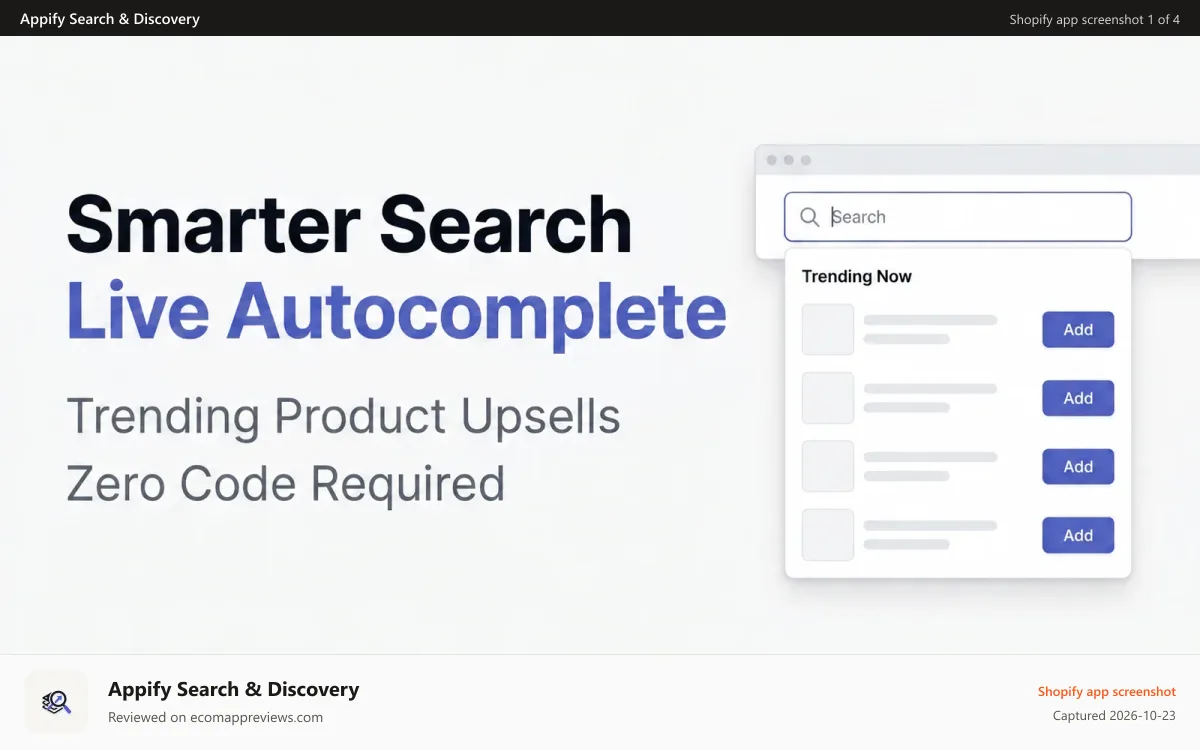 Appify Search & Discovery Shopify app screenshot: Search bar with Trending Now dropdown and product Add buttons