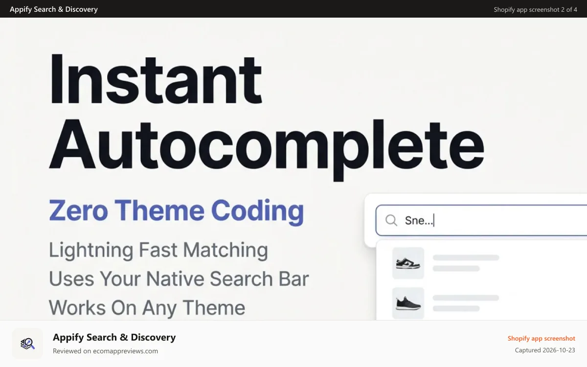 Appify Search & Discovery Shopify app screenshot: Live product autocomplete in search bar showing sneaker results