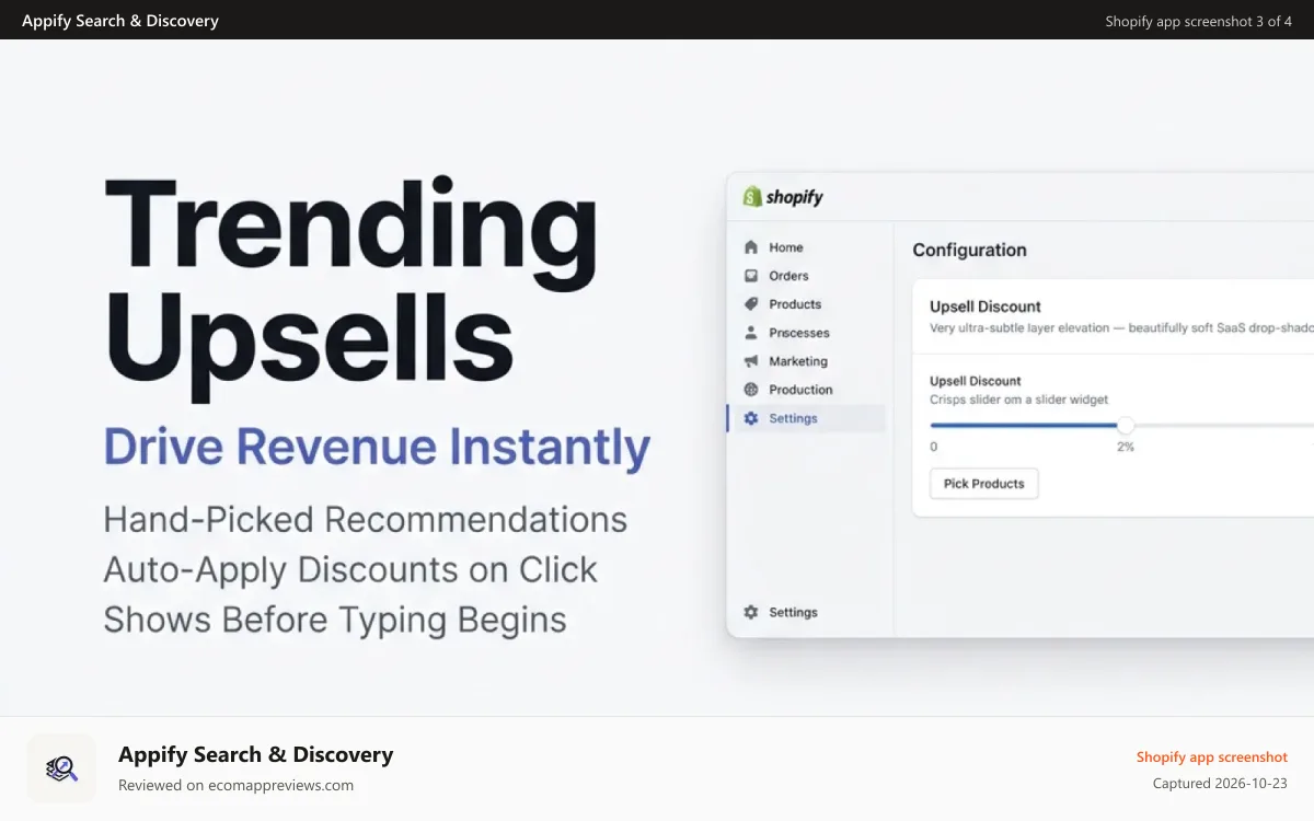 Appify Search & Discovery Shopify app screenshot: Admin settings with upsell discount slider and product picker