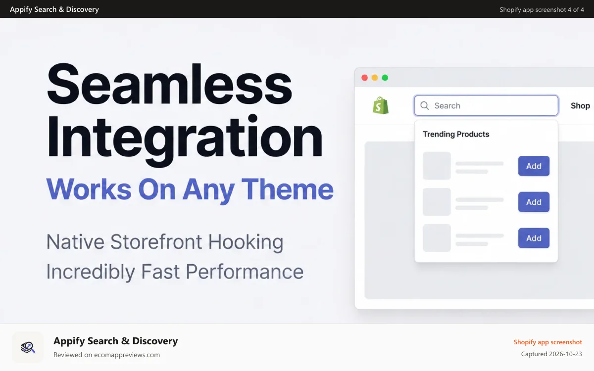 Appify Search & Discovery Shopify app screenshot: Storefront search with trending products dropdown and Add button