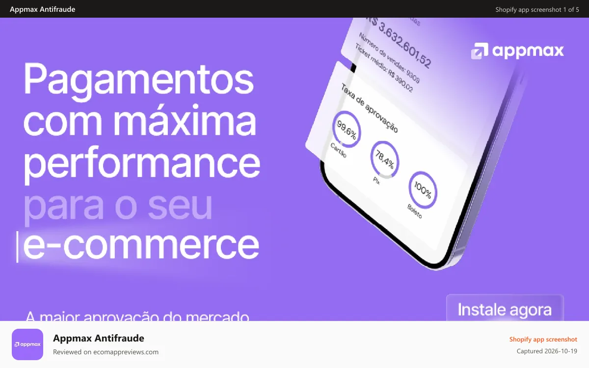 Appmax Antifraude Shopify app screenshot: Comece a processar com a Appmax para maximizar seus resultados.