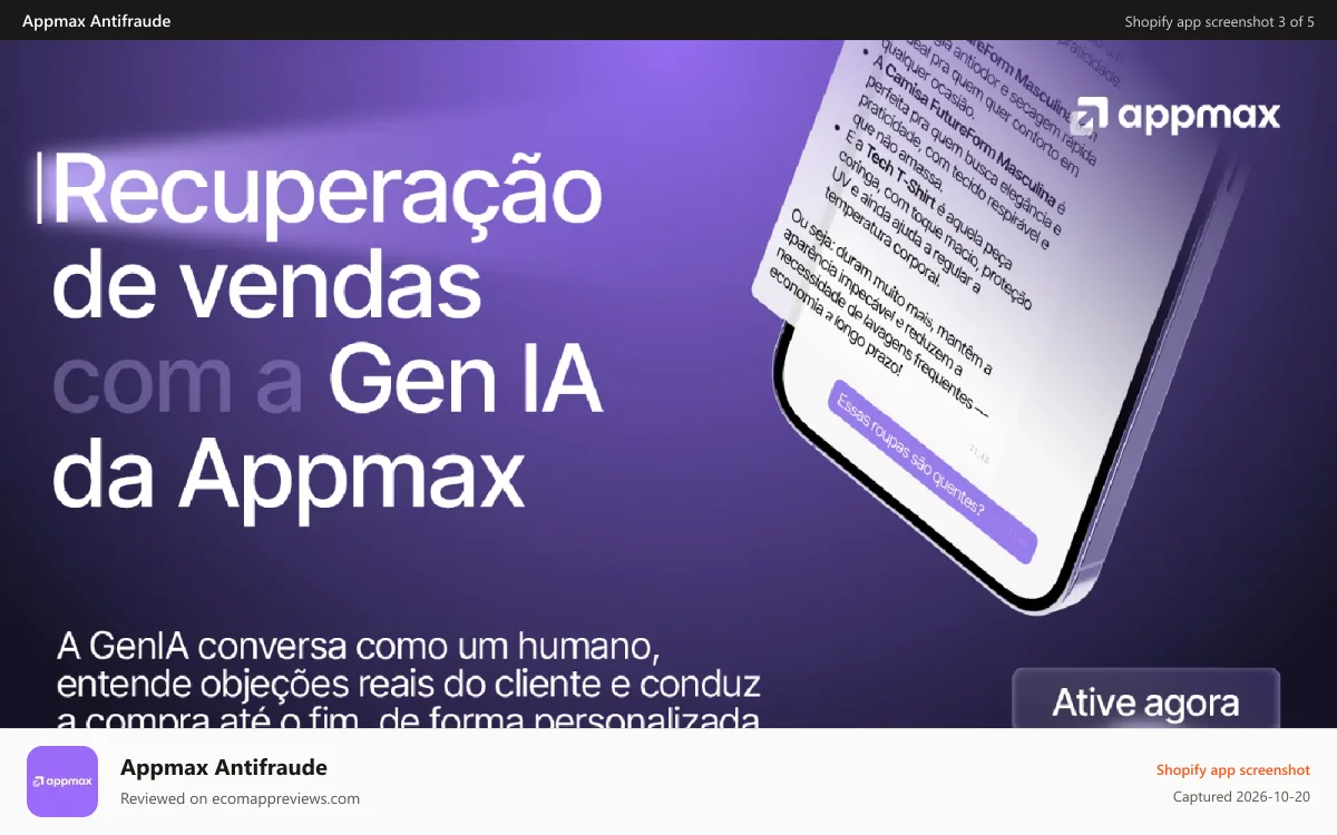 Appmax Antifraude Shopify app screenshot: Aumenta sua aprovação com muitas funcionalidades
