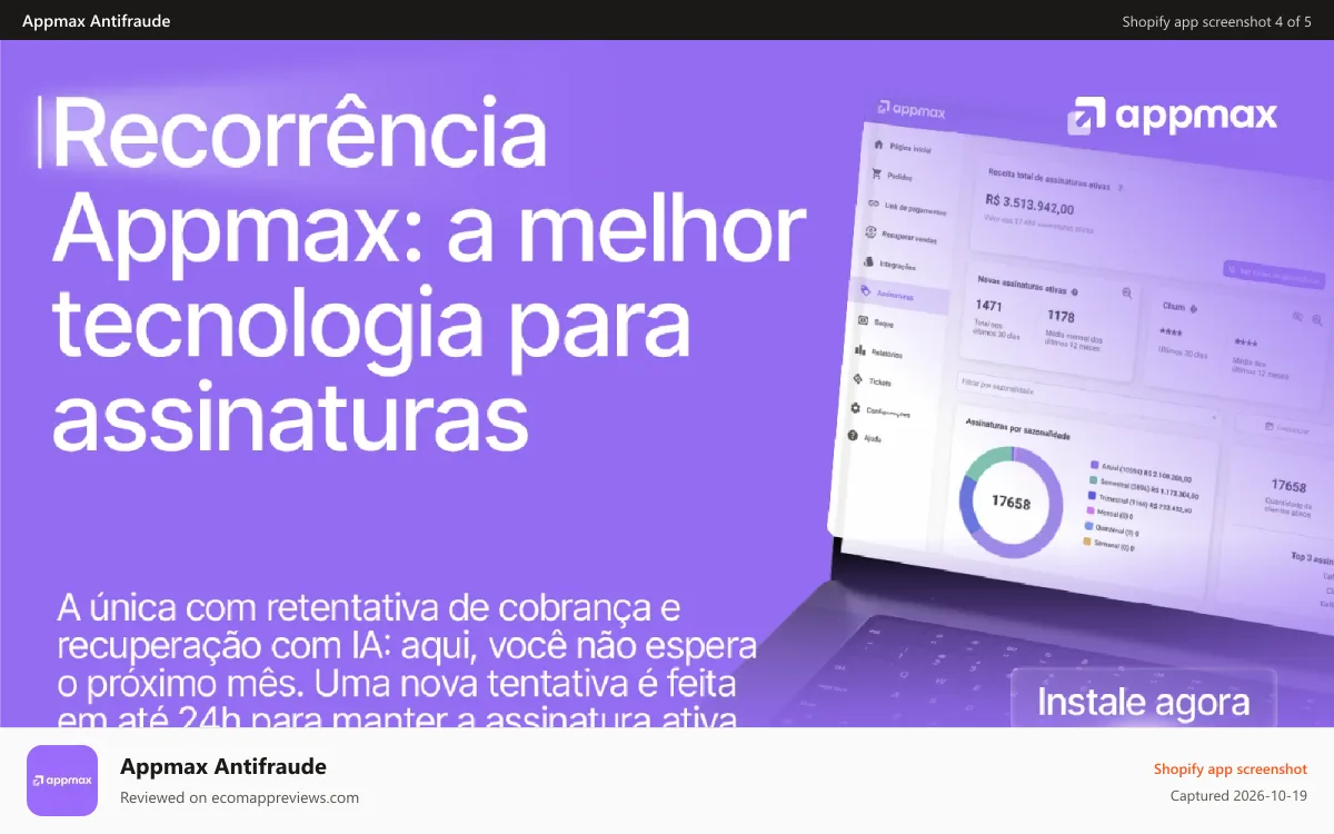 Appmax Antifraude Shopify app screenshot: Vendas por assinaturas