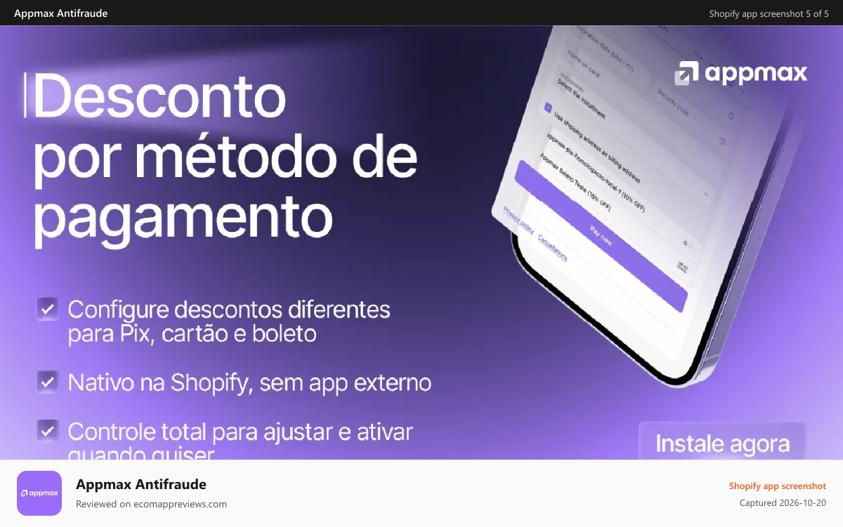 Appmax Antifraude Shopify app screenshot: Desconto por método de pagamento.