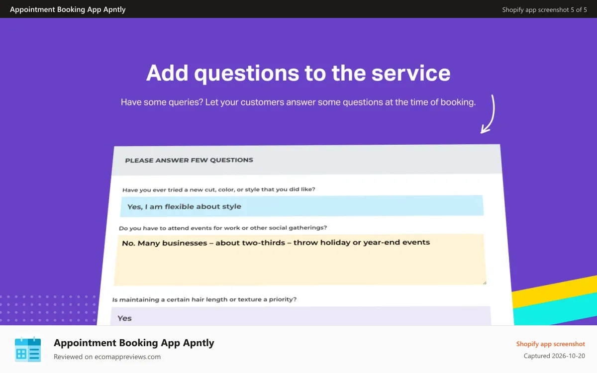 Appointment Booking App Apntly Shopify app screenshot: Ask Questions During Booking
