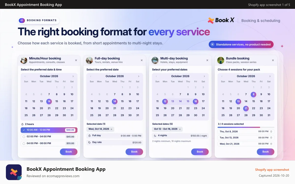 BookX Appointment Booking App Shopify app screenshot: Minute/hour, full-day, multi-day and bundle booking widgets