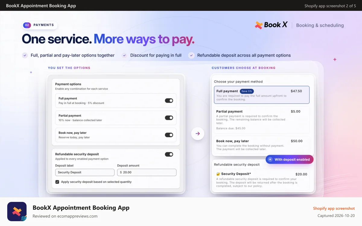 BookX Appointment Booking App Shopify app screenshot: Full, partial and pay-later payments with refundable deposit