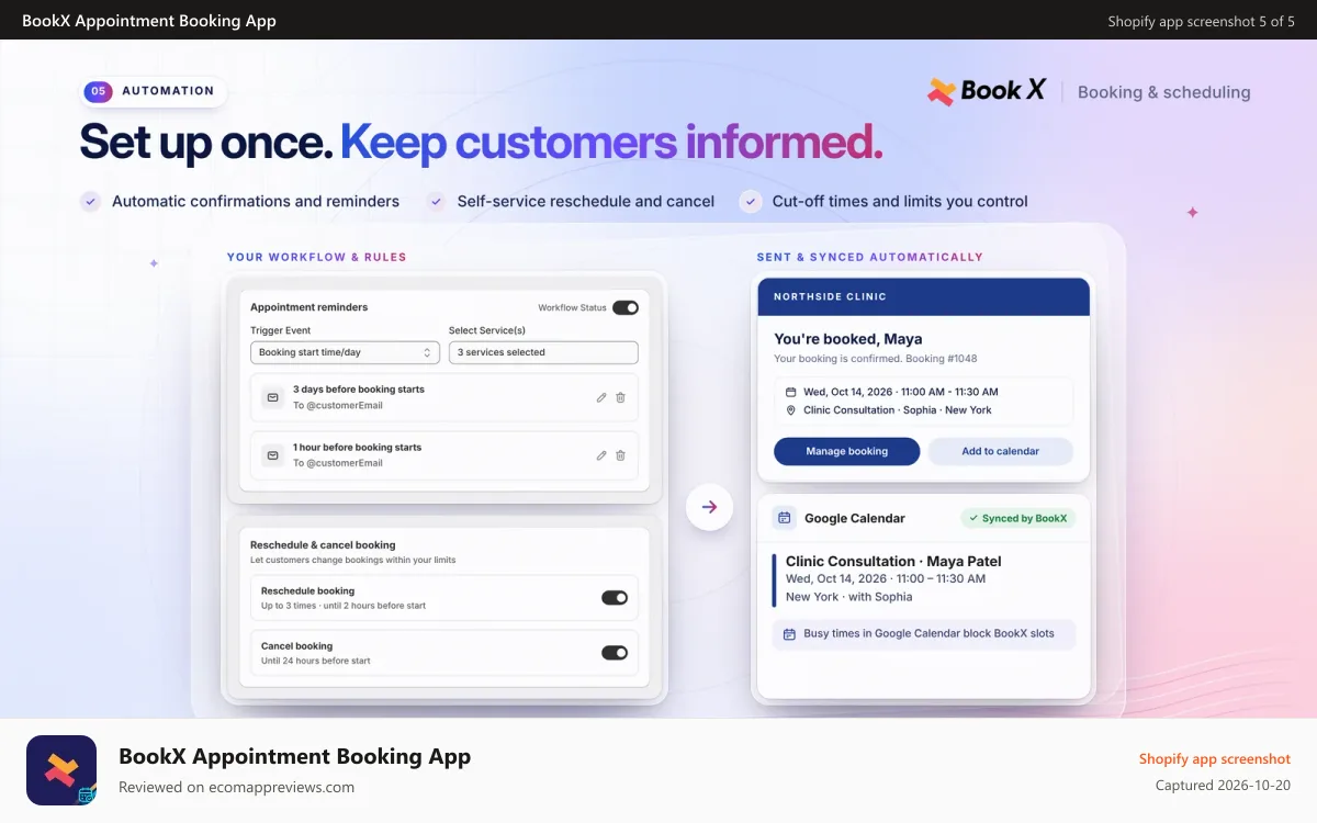 BookX Appointment Booking App Shopify app screenshot: Reminder emails, reschedule rules and Google Calendar sync