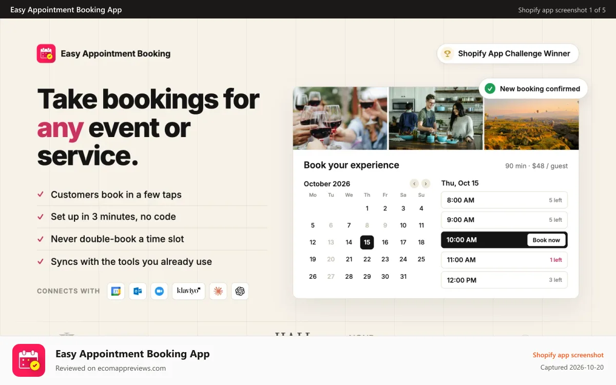 Easy Appointment Booking App Shopify app screenshot: Booking appointments for anything on Shopify.