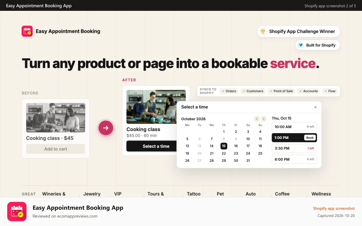 Easy Appointment Booking App Shopify app screenshot: Booking appointments for any product. Start for free! 🏆