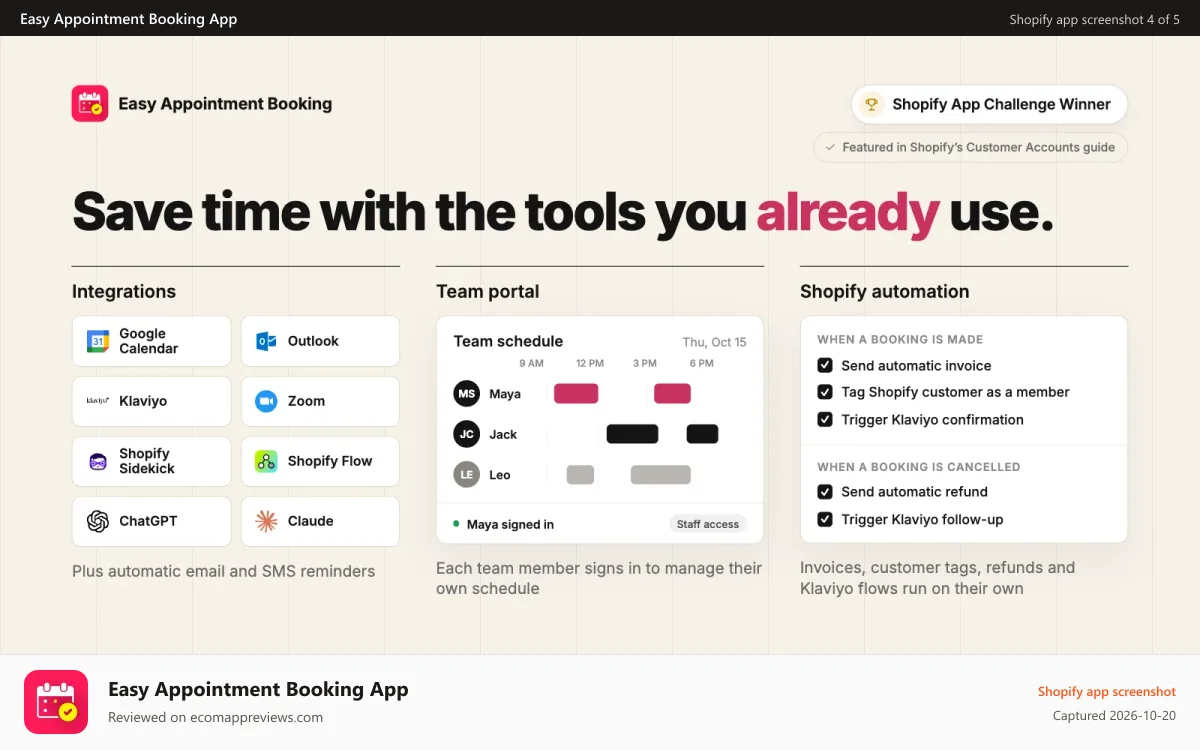 Easy Appointment Booking App Shopify app screenshot: Booking app integrations and intake questions