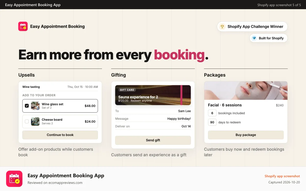 Easy Appointment Booking App Shopify app screenshot: Upsell, sell packs, & waitlist with this appointment booking app
