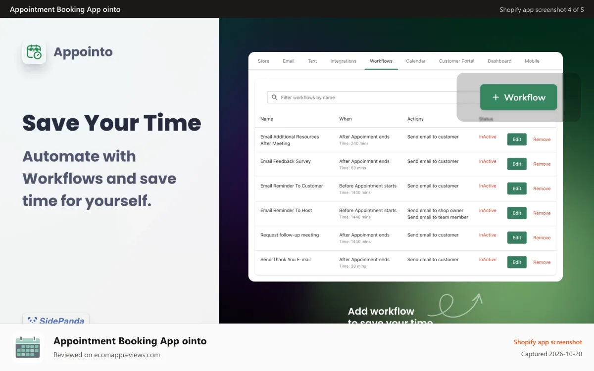 Appointment Booking App ointo Shopify app screenshot: Appointment Workflows