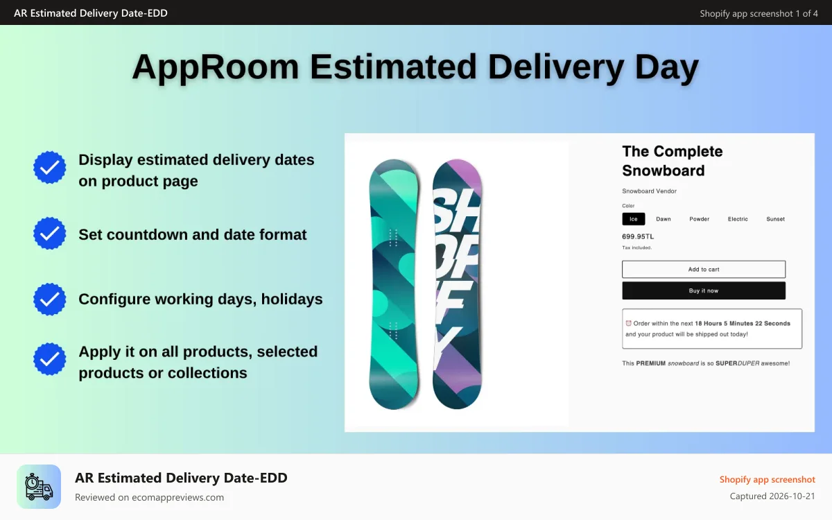 AR Estimated Delivery Date‑EDD Shopify app screenshot: AppRoom Estimated Delivery Day