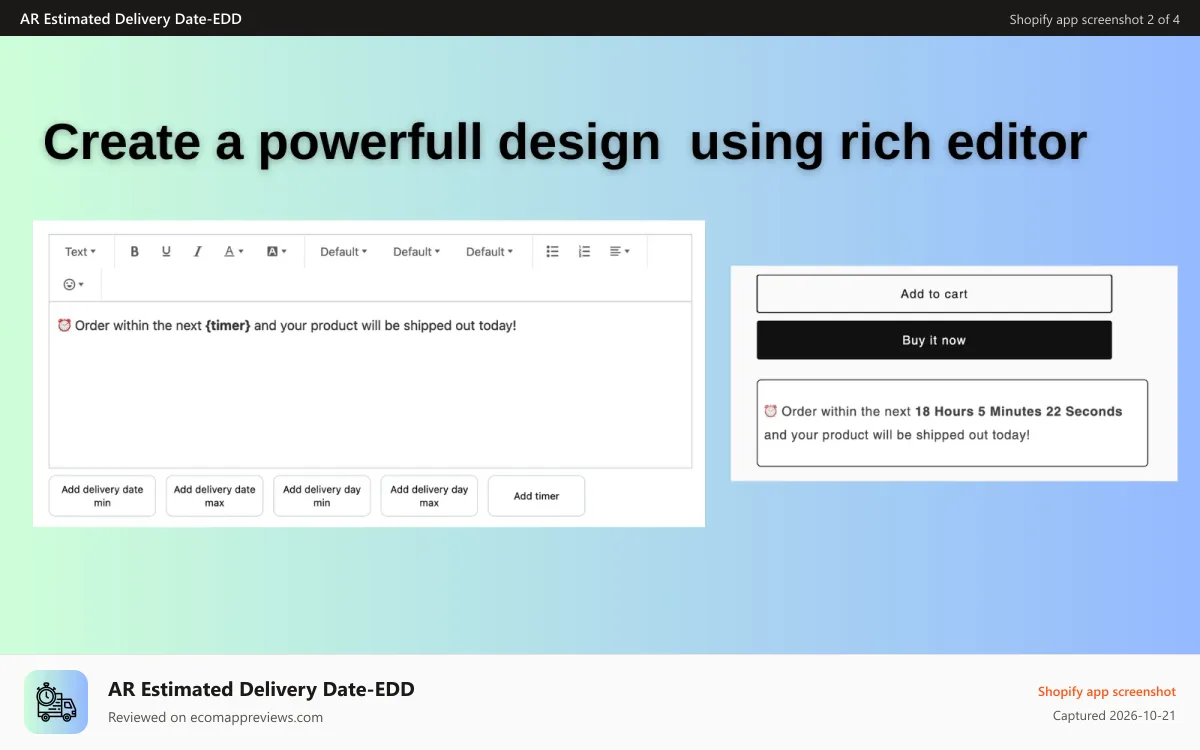 AR Estimated Delivery Date‑EDD Shopify app screenshot: Create a powerfull design