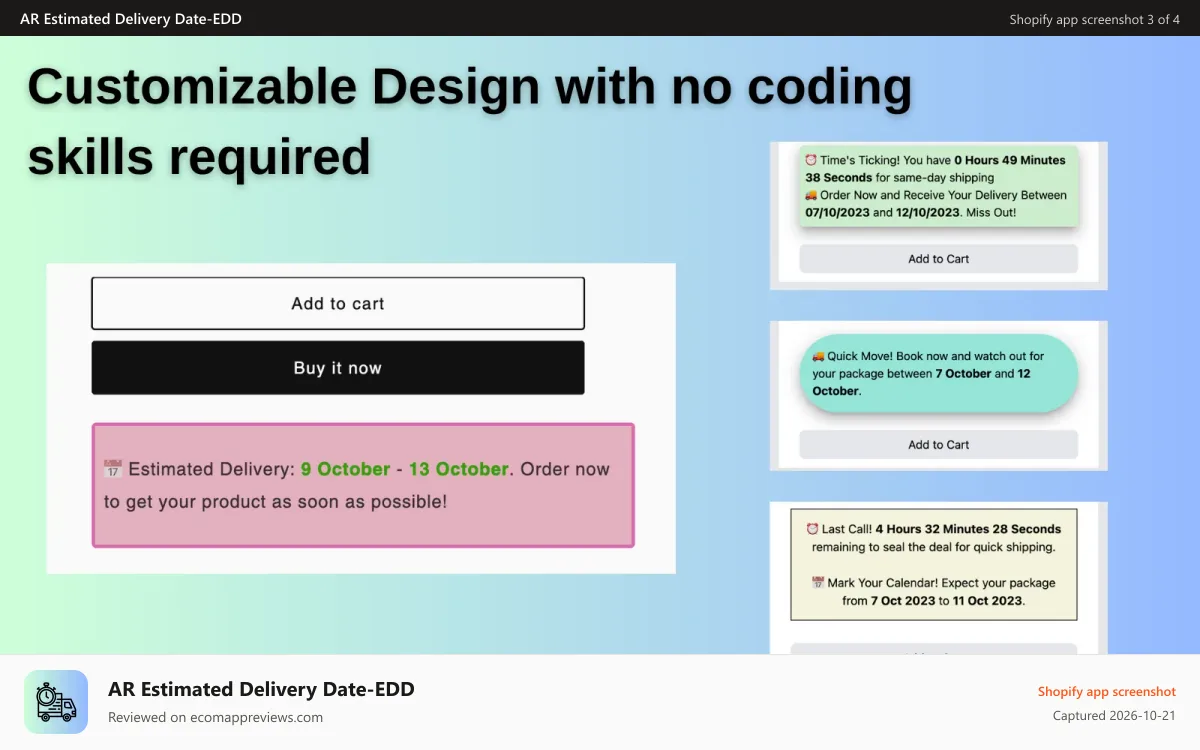 AR Estimated Delivery Date‑EDD Shopify app screenshot: Customizable Design
