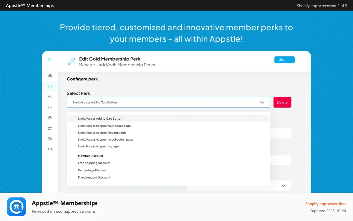 Appstle℠ Memberships Shopify app screenshot: Innovative Membership Perks