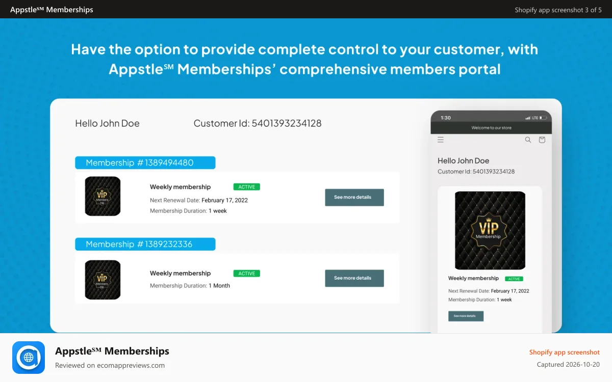 Appstle℠ Memberships Shopify app screenshot: Membership Customers Portals