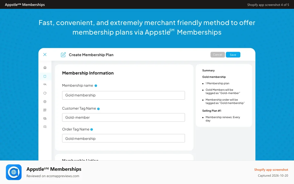 Appstle℠ Memberships Shopify app screenshot: Easy to set-up membership plans.
