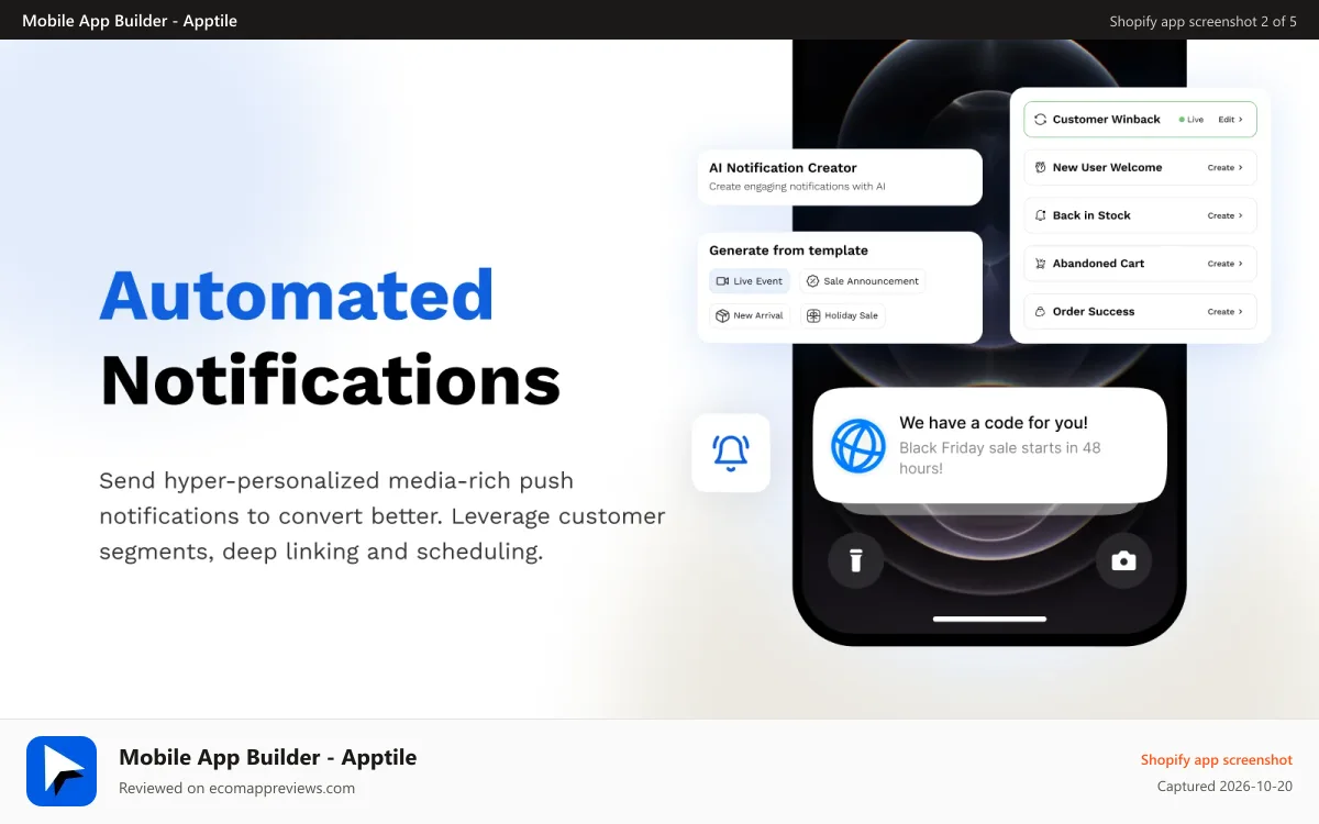 Mobile App Builder ‑ Apptile Shopify app screenshot: Advanced Notifications