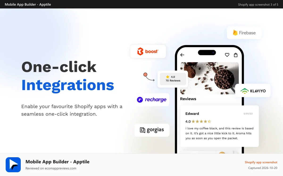 Mobile App Builder ‑ Apptile Shopify app screenshot: Seamless one-click integration with Shopify apps