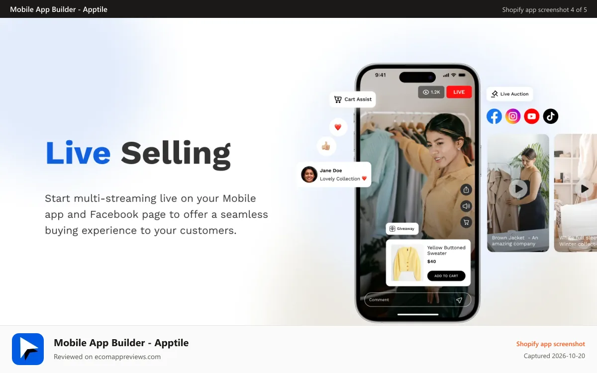 Mobile App Builder ‑ Apptile Shopify app screenshot: Live selling