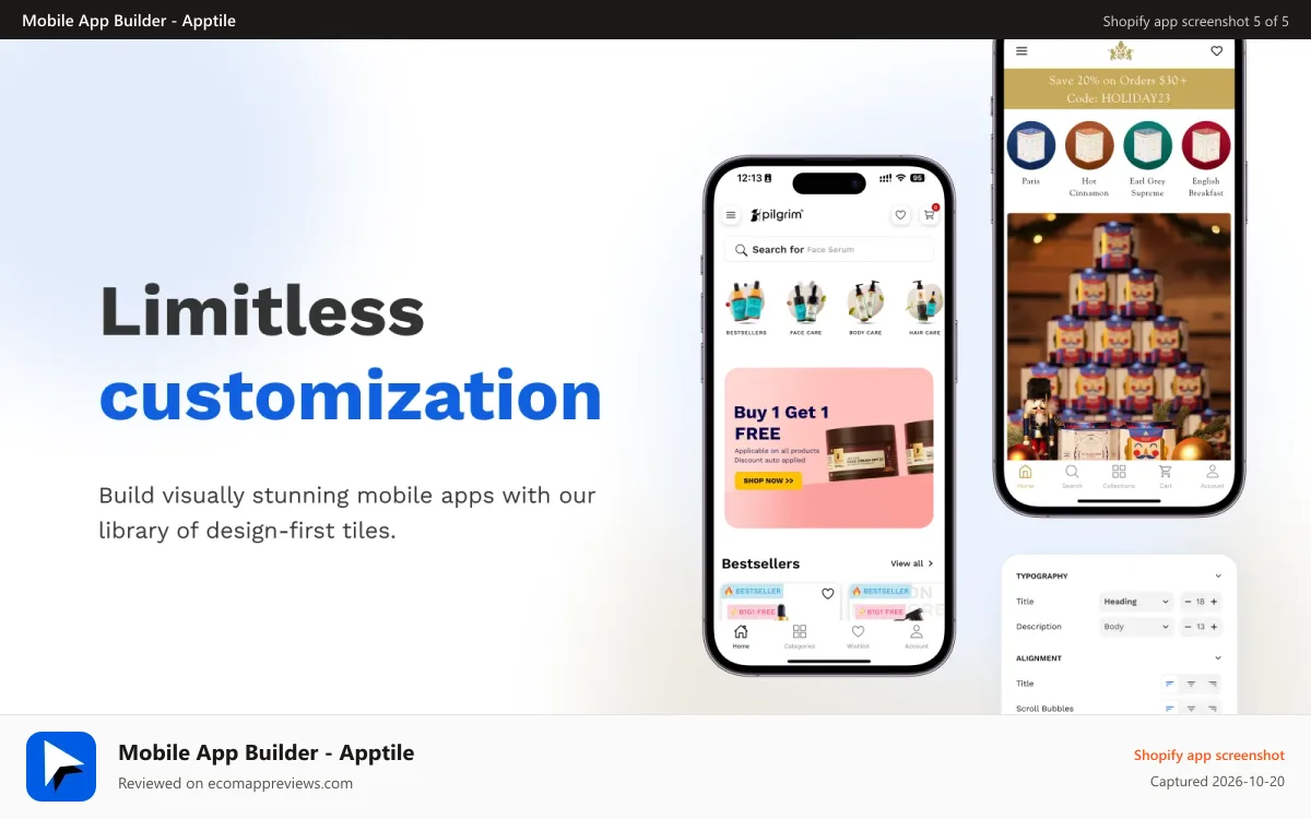Mobile App Builder ‑ Apptile Shopify app screenshot: Unlimited customization