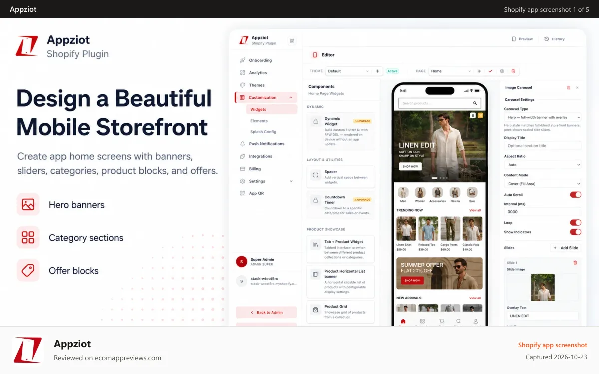 Appziot Shopify app screenshot: Design beautiful mobile storefronts without coding