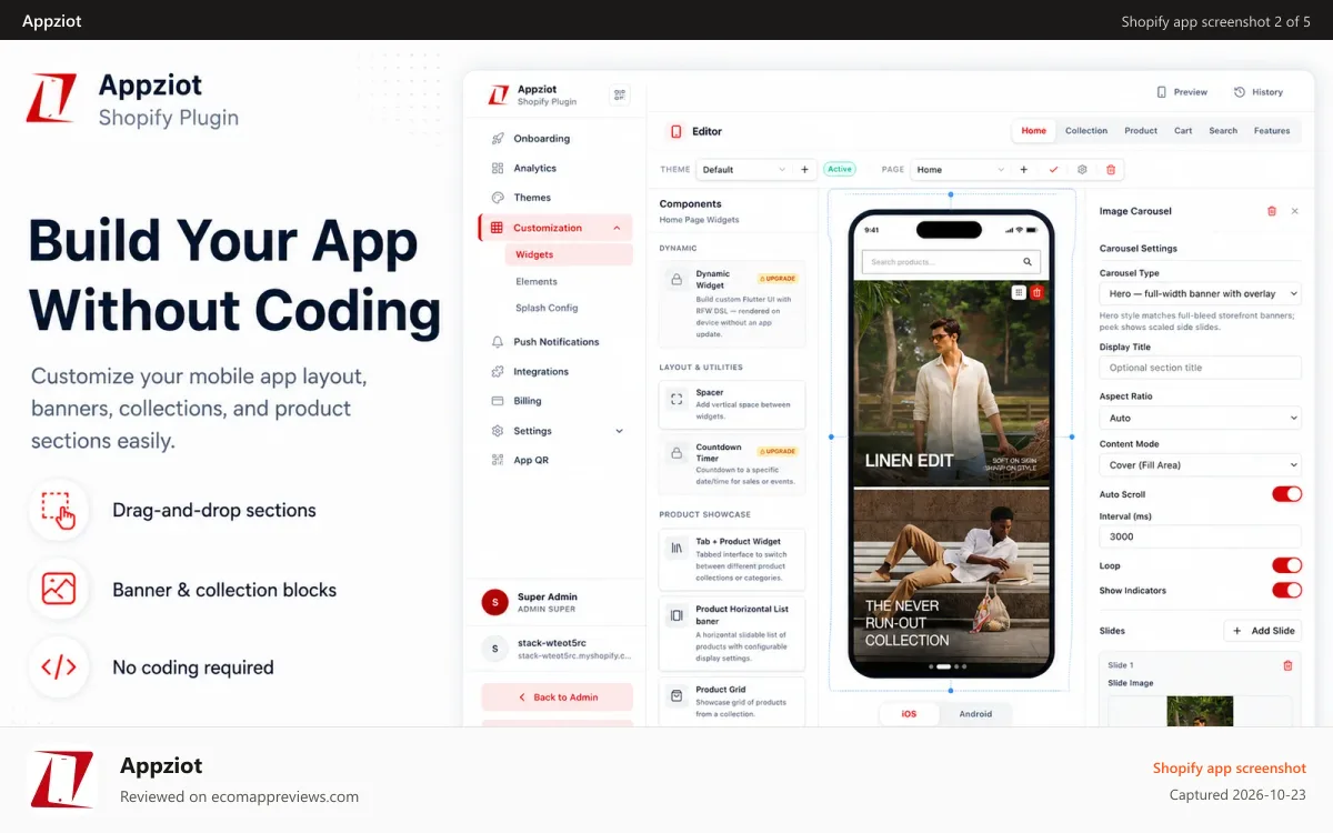 Appziot Shopify app screenshot: Build and customize your mobile app in minutes