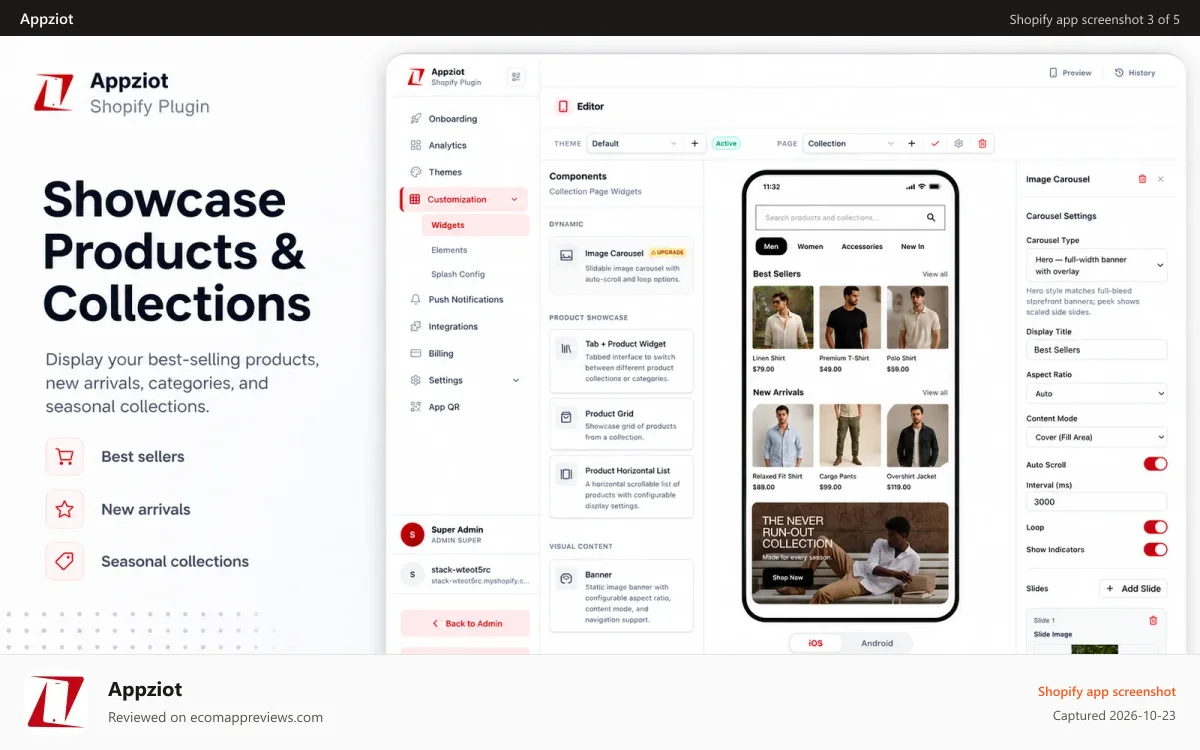 Appziot Shopify app screenshot: Showcase products and collections in a mobile app