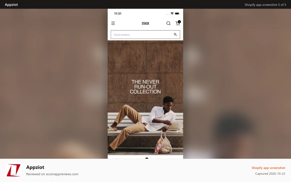 Appziot Shopify app screenshot: Fashion app home screen with collection banner