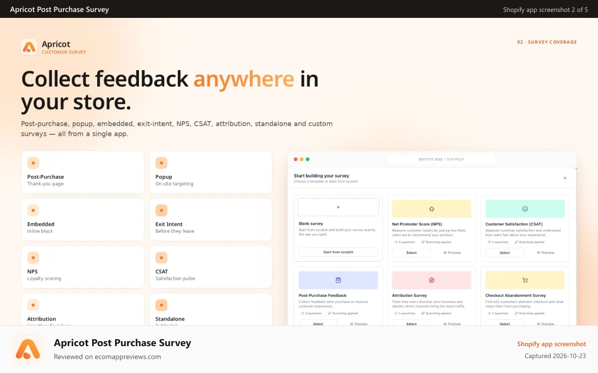 Apricot Post Purchase Survey Shopify app screenshot: Different survey types