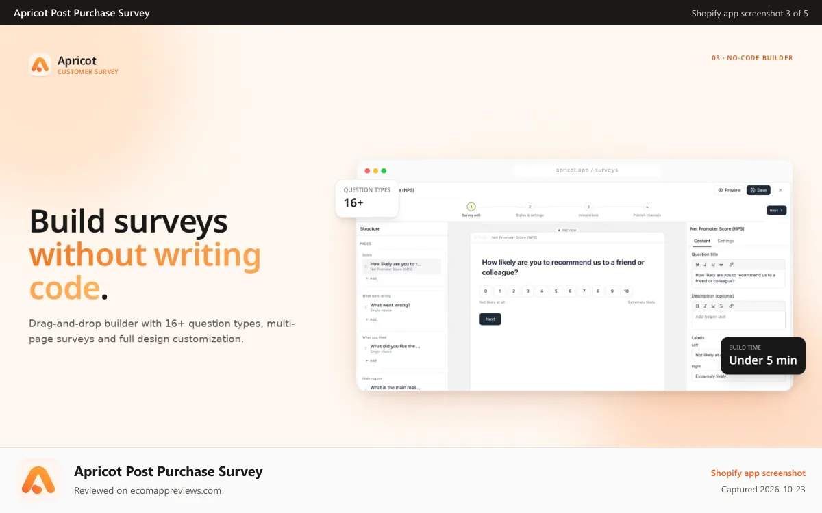 Apricot Post Purchase Survey Shopify app screenshot: No-code survey builder