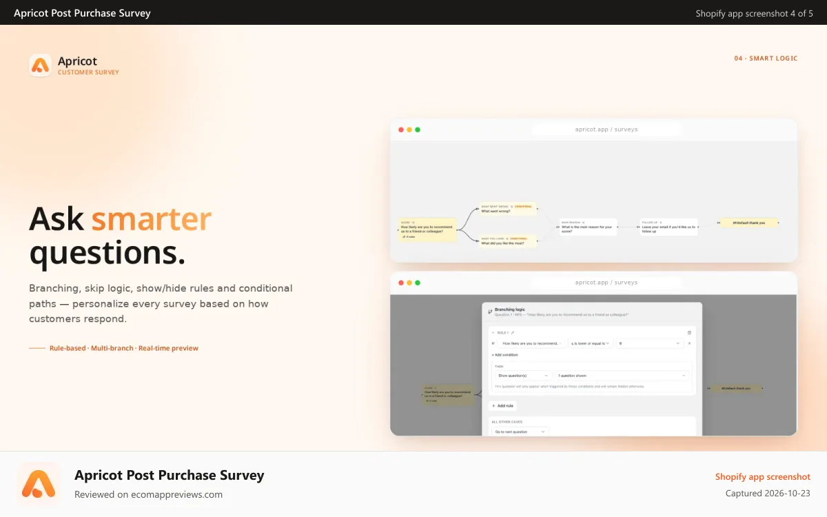 Apricot Post Purchase Survey Shopify app screenshot: Survey logic branching