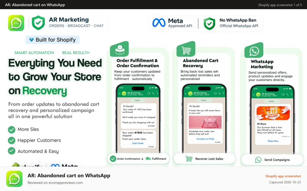 AR: Abandoned cart on WhatsApp Shopify app screenshot: SS1