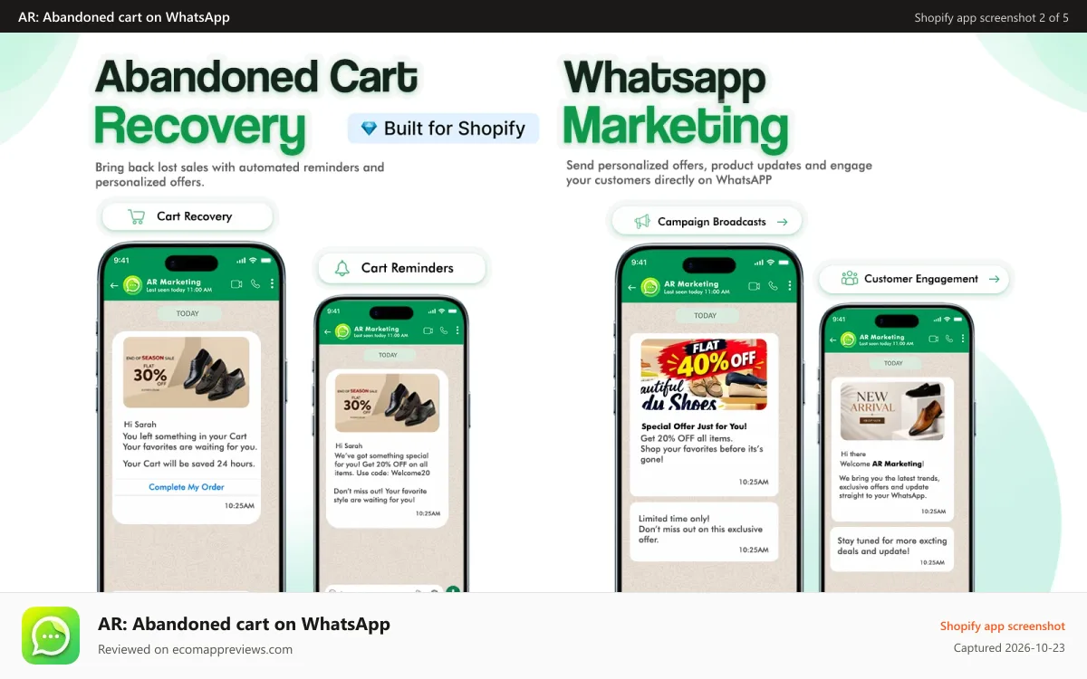 AR: Abandoned cart on WhatsApp Shopify app screenshot: SS2