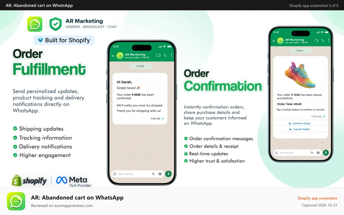 AR: Abandoned cart on WhatsApp Shopify app screenshot: SS3